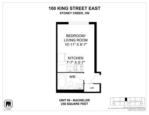 A floor plan for a Bachelor unit at 100 King Street East.